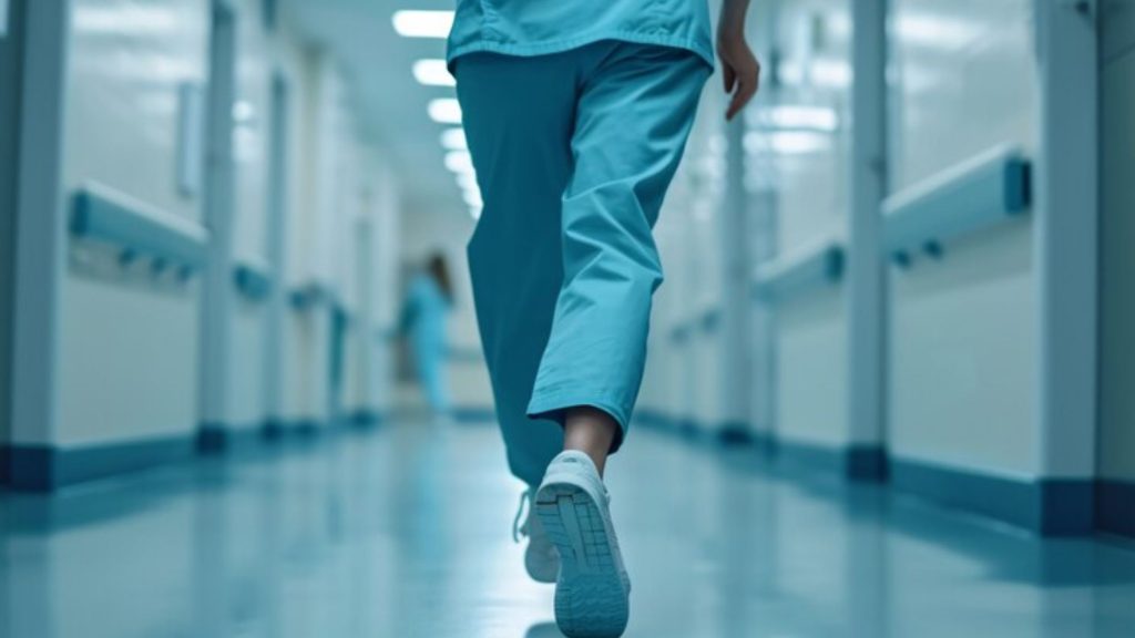 A healthcare industry professional running in an emergency ward