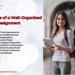 A vibrant image featuring students with textbooks, and a notepad, creating a productive atmosphere. The text overlay reads, "key elements of a well-organized assignment" emphasizing a focus on efficient and reliable academic support.