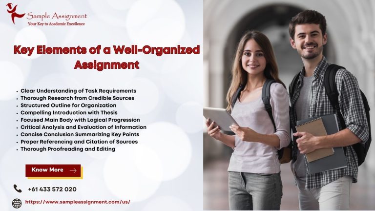 A vibrant image featuring students with textbooks, and a notepad, creating a productive atmosphere. The text overlay reads, "key elements of a well-organized assignment" emphasizing a focus on efficient and reliable academic support.