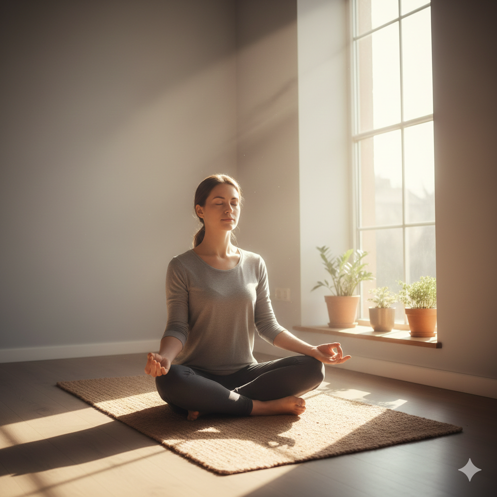 Person meditating in morning sunlight practicing daily habits to strengthen mental resilience and reduce stress.